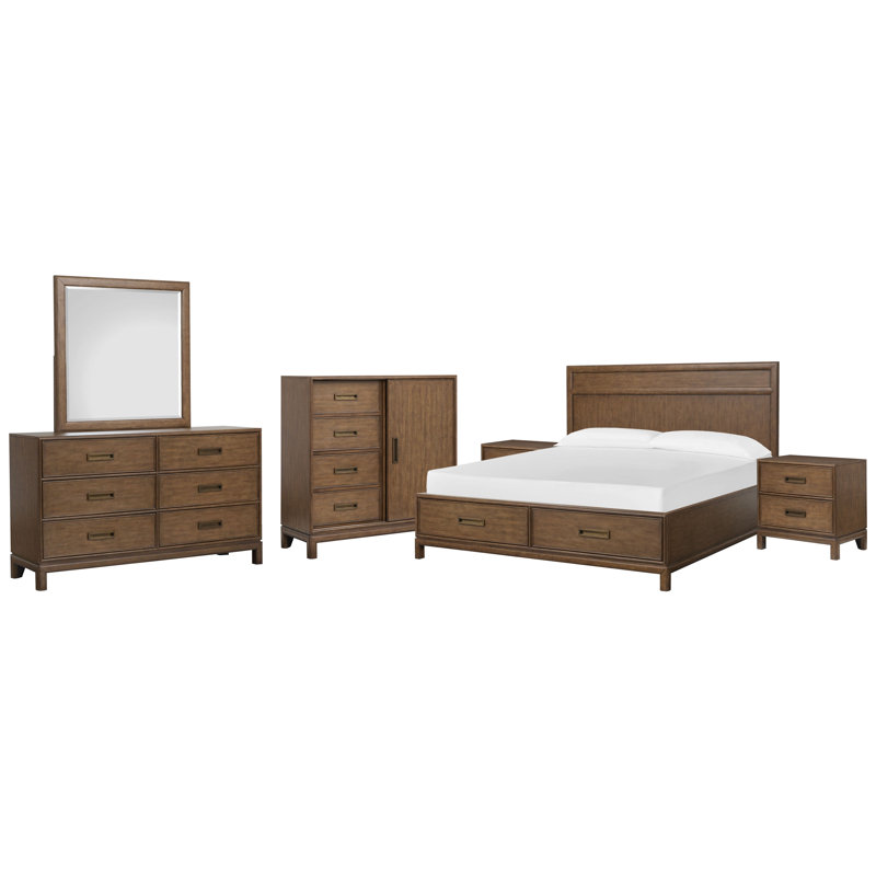Grande commode à 2 tiroirs avec miroir de paysage et commode, 6 Pcs:Bed,2 Nightstand,Dresser,Mirror,Door Chest, Très grand