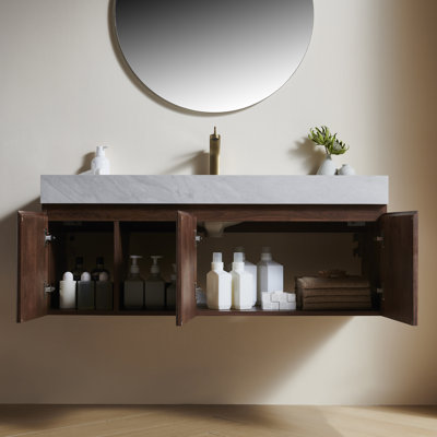 Meuble-lavabo de salle de bain 48 po EIDEN, meuble de rangement flottant, plateau en pierre frittée gris de Carrare et lavabo en céramique avec 1 trou de robinet pré-percé, démonté, sans robinet et ensemble de drain, couleur grain de bois noyer
