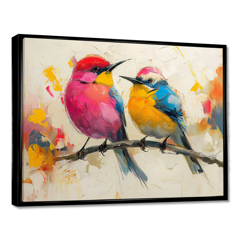 Oiseaux roses et jaunes sur une branche florale, Cadre flottant noir, H 12 po x l 20 po x P 1 po
