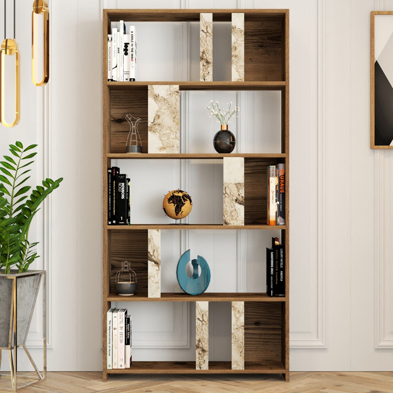 Bibliothèque moderne avec de nombreuses tablettes, design noyer et blanc, 70,9 x 71,0 x 7,9 pouces | 100% panneau de particules enduit de mélamine, fixation murale, capacité de tablette de 77,2 lb | Rangement élégant pour la maison et le bureau