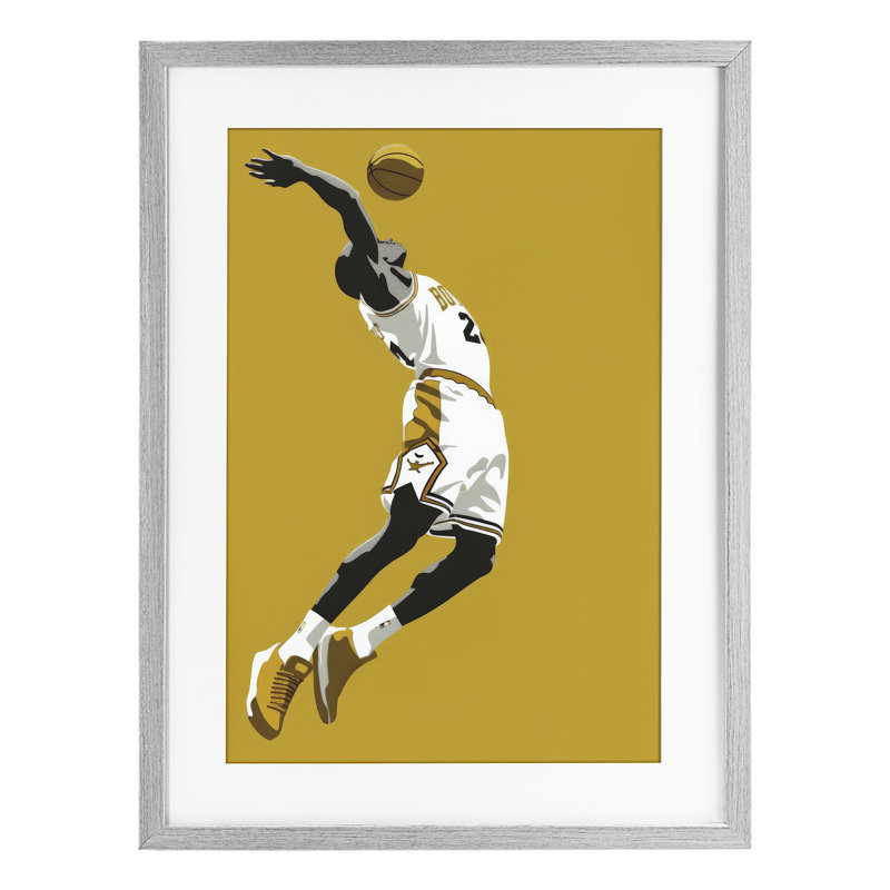 Iconic Basketball Dunk, reproduction encadrée sous verre, design par Ray Powers, Cadre de ferme gris, H 20 po x l 14 po