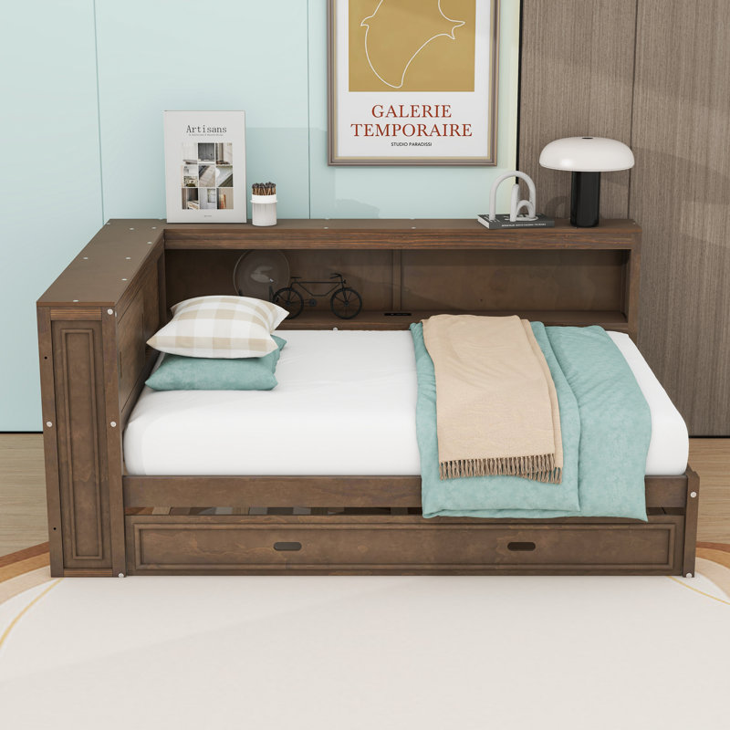 Lit de jour double en bois avec DEL, USB, tablettes de rangement et lit gigogne simple, Couleur de bois antique