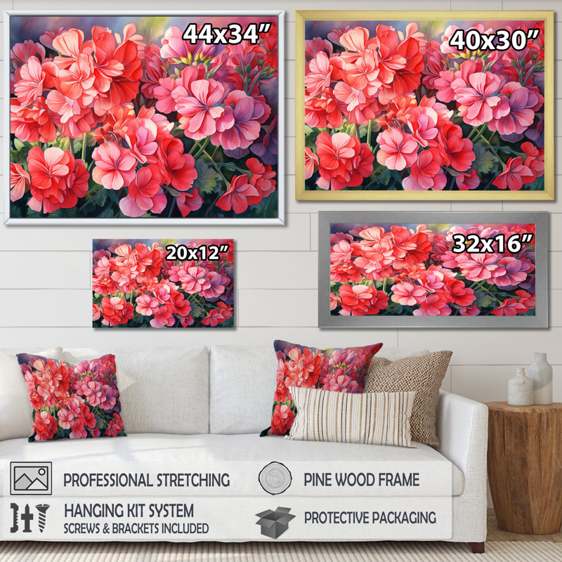 Geraniums au coucher du soleil, H 24 po x l 32 po x P 1 po, Toile tendue