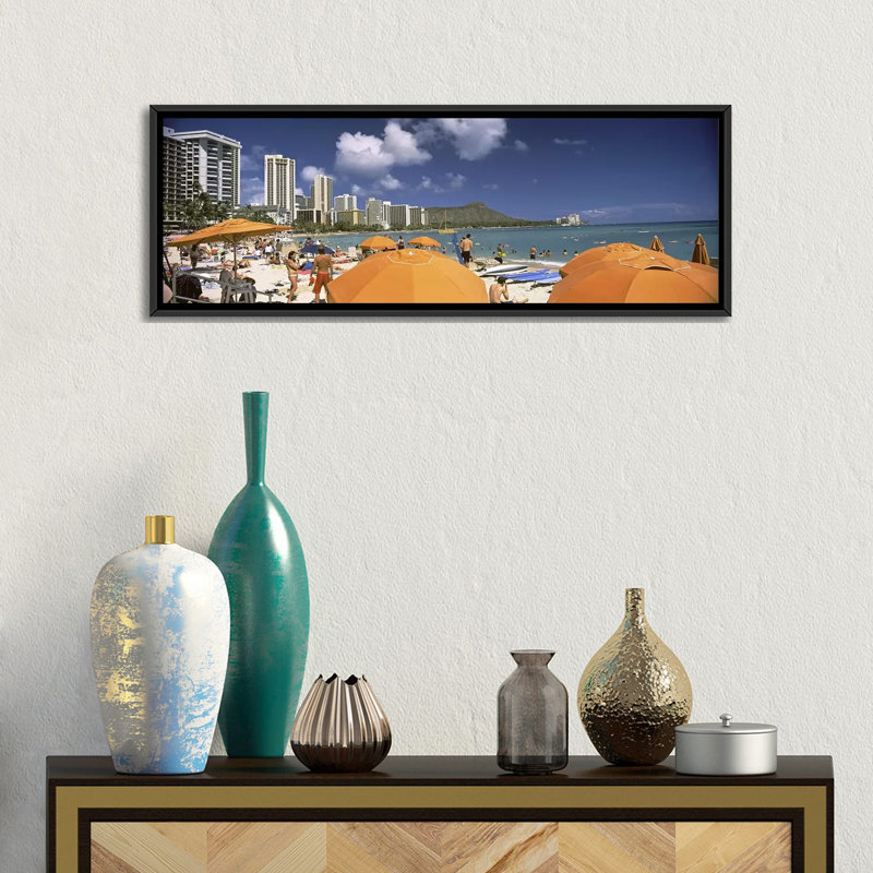 «Panoramique, Waikiki Beach, Honolulu, Oahu, Hawaï 2010», reproduction de photo panoramique sur toile, Cadre noir