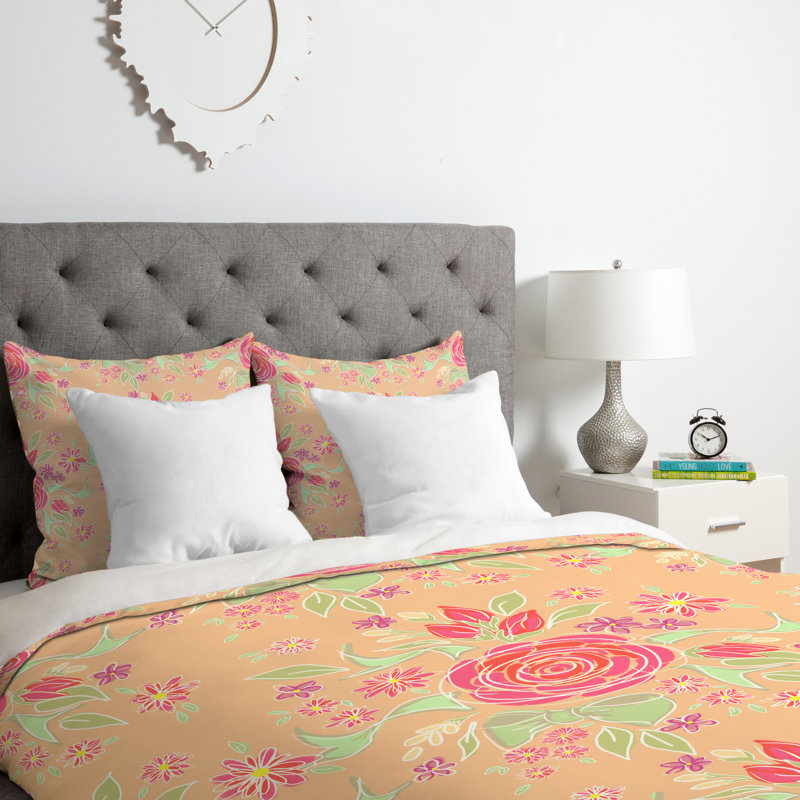 Ensemble de housse de couette en microfibre rose / orange, Housse de couette pour lit simple + 1 taie décora, Pièce unique