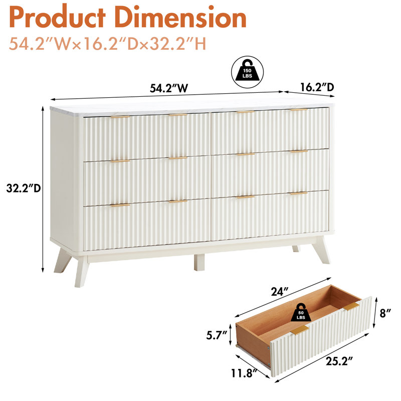 6 Drawers Dresser With Faux Marble Top & Curved Design, White