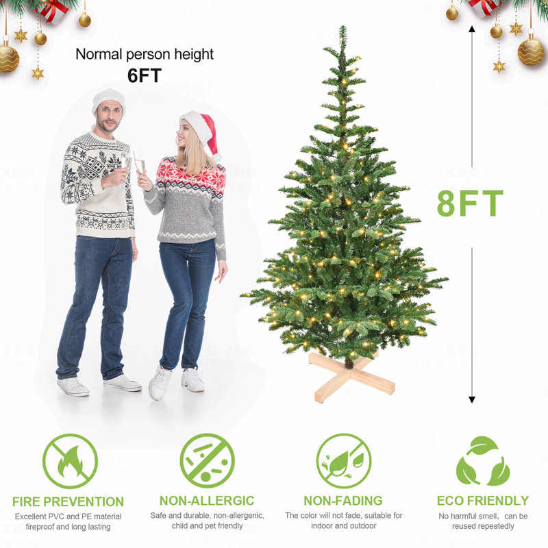Arbre de Noël artificiel pré-éclairé 8 pi, 500 lumières DEL blanc chaud, 1307 pointes PE + PVC, aspect superposé réaliste, base en bois unique