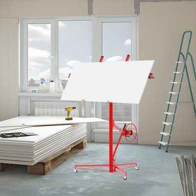 16FT Drywall Lifter with 150 lbs Capacity, Heavy Duty Panel Hoist with 3 Lockable Wheels & 360° Telescopic Arm, Sheetrock Lift, Red