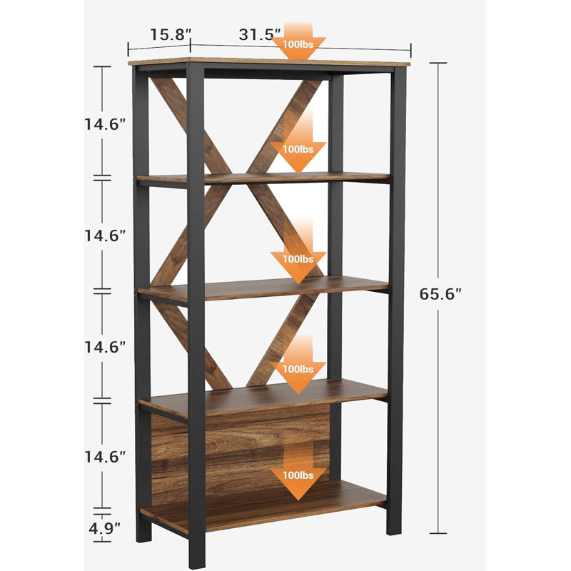 1 Pb+iron Back Strip With Light Bookshelf, Four Layers Retro Color, (3 Shelves) 38.58"H x 6.1"W x 18.7"D, Brown