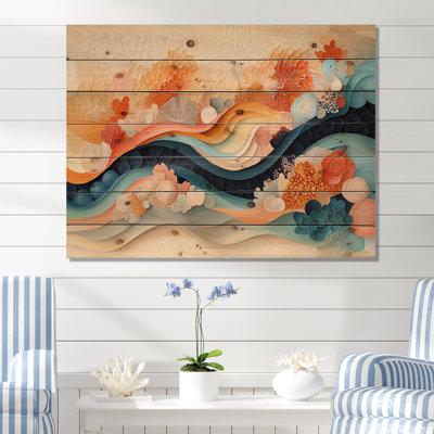 Abstract Coral Oceanic Waves Of Eternity V - Coral Wood Print - On Natural Pine Wood