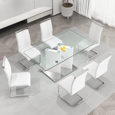 Ensemble de table de salle à manger 63 ", ensemble de table de salle à manger en verre avec chaises en cuir synthétique