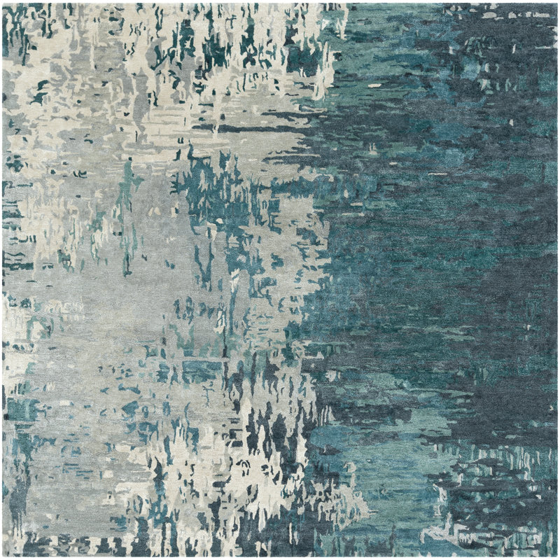 Tapis bleu sarcelle / beige Ratcliff, Carré 8 pi