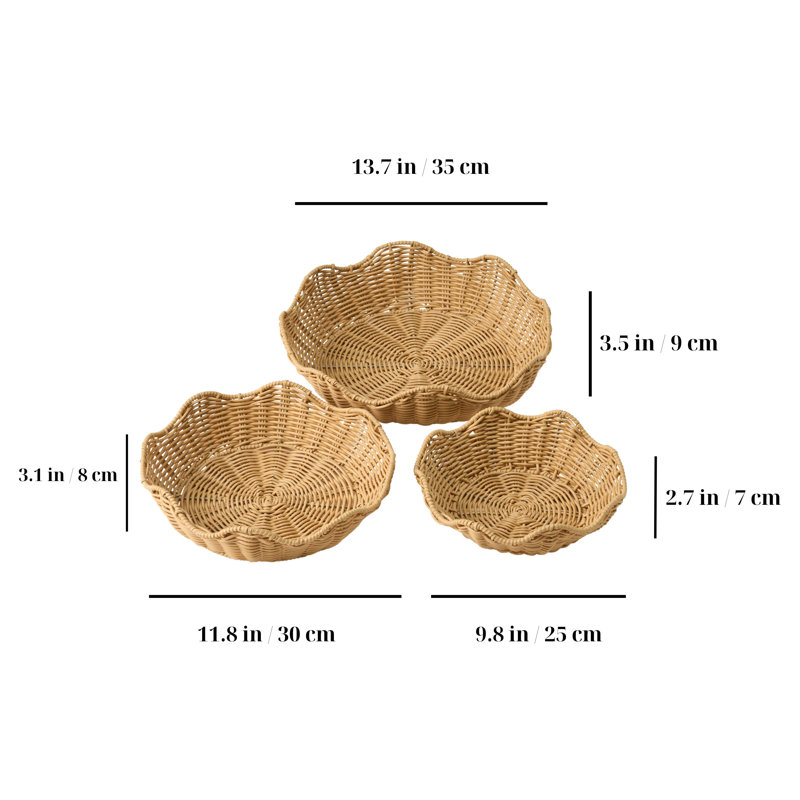 Selene Wicker Storage Baskets Set of 3 - 13.7, 11.8, 9.8 Inches Resin Wicker Brown - for Kitchen Fruits, Bread and Vegetables