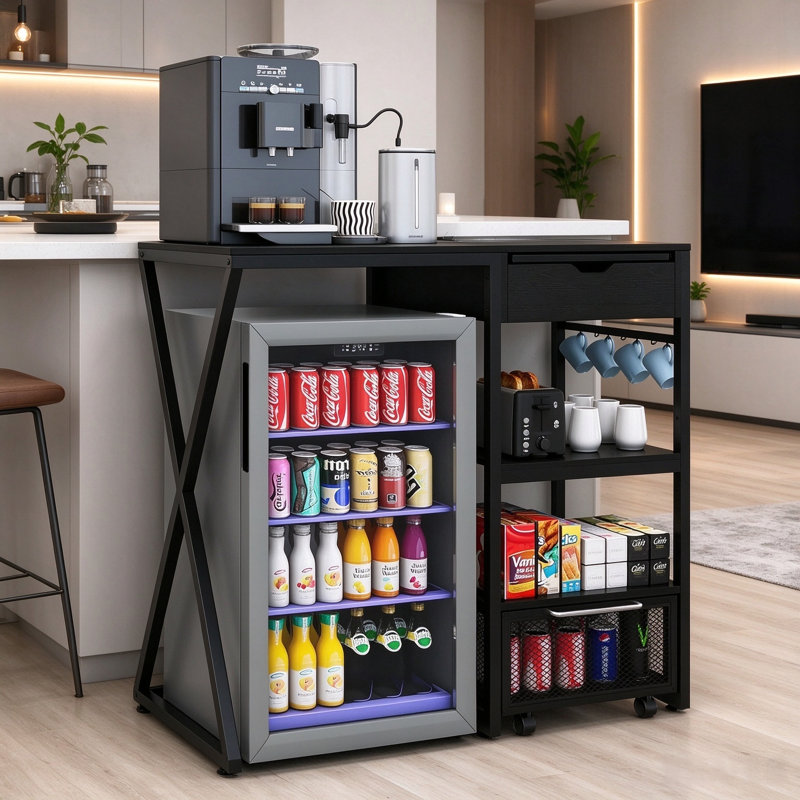 Mini armoire de réfrigérateur, tablettes de réfrigérateur avec prise de courant et compartiments de rangement multicouches