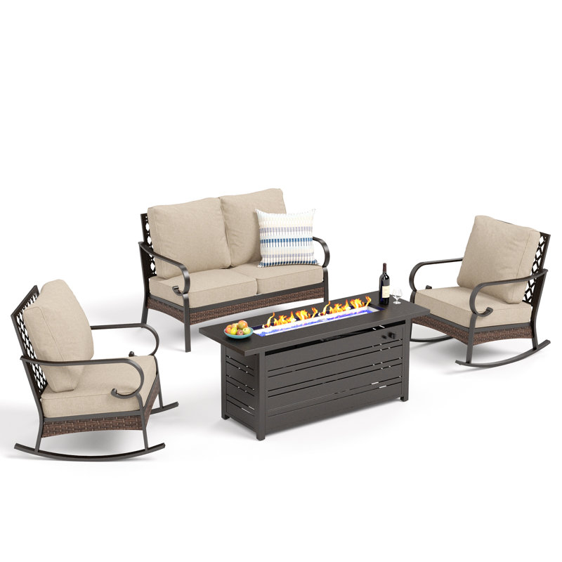 Ensemble de conversation d'extérieur pour 4 personnes avec table de foyer, Noir / beige / noir