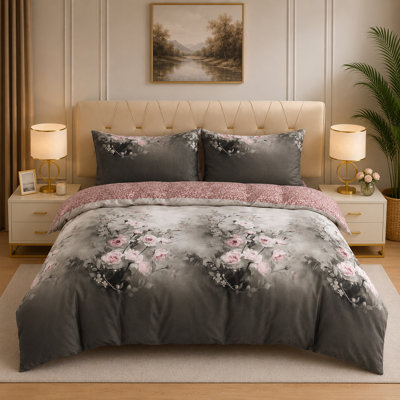 Complete Bedding Set Bliss Grey Floral Duvet Cover, Matching Fitted Sheet & Pillowcases
