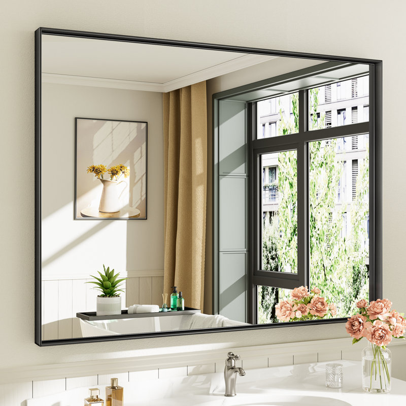 Miroirs de salle de bain rectangulaires / carrés modernes et contemporains en aluminium noir mat avec verre trempé HD