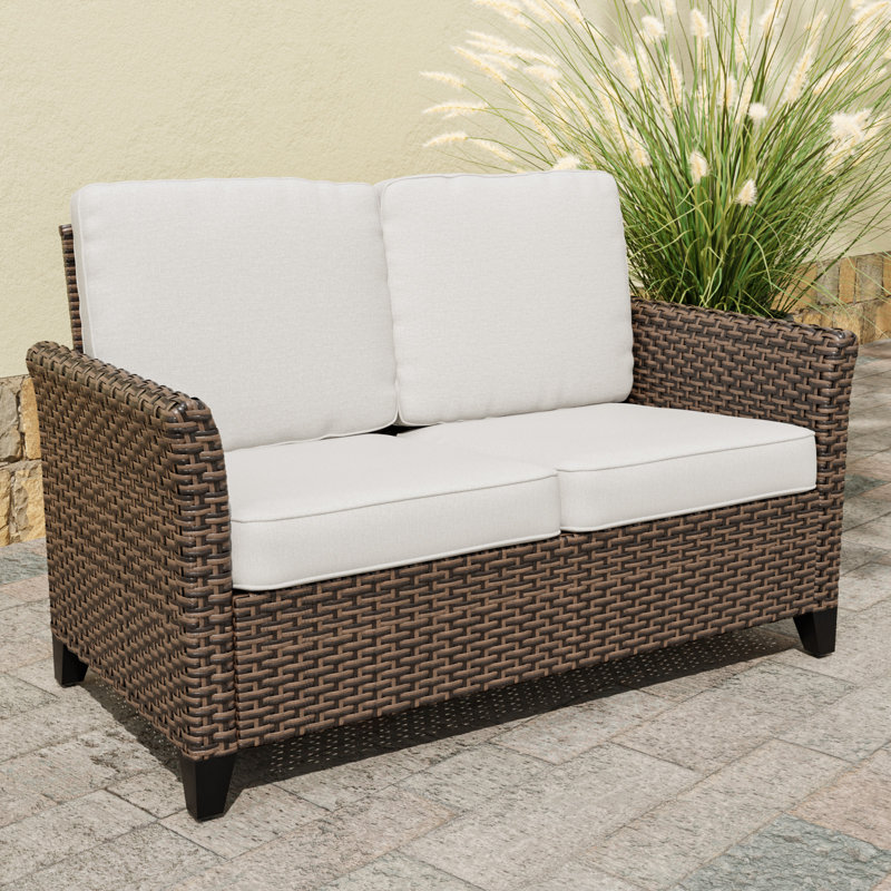 Causeuse d'extérieur mixte en rotin et osier avec accoudoirs courbés Mix Brown, Beige