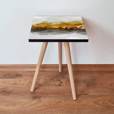 Modern Abstract Side Table, White & Black with Gold Accents, 13.8 x 16.5 x 13.8 inches | 100% MDF with 0.7-inch Thickness, Sturdy Beech Wood Legs | Stylish & Functional Design for Living Room or Bedroom