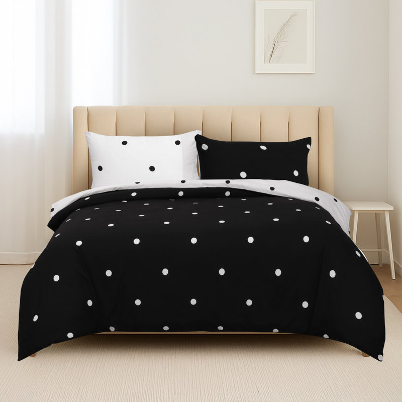 Soft Microfiber Printed Duvet Cover Set with Pillowcases, Black/White Doted, Double Duvet Cover + 2 Standard Pillowcases