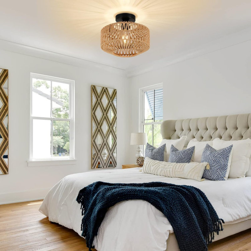 Boho Light Fixtures Ceiling Mount,Mini Rattan Chandelier Light Fixture With Dimmable LED Bulb,Hand Woven Ceiling Light Fixtures Flush Mount For Hallway Bedroom Kitchen Entryway Living Room