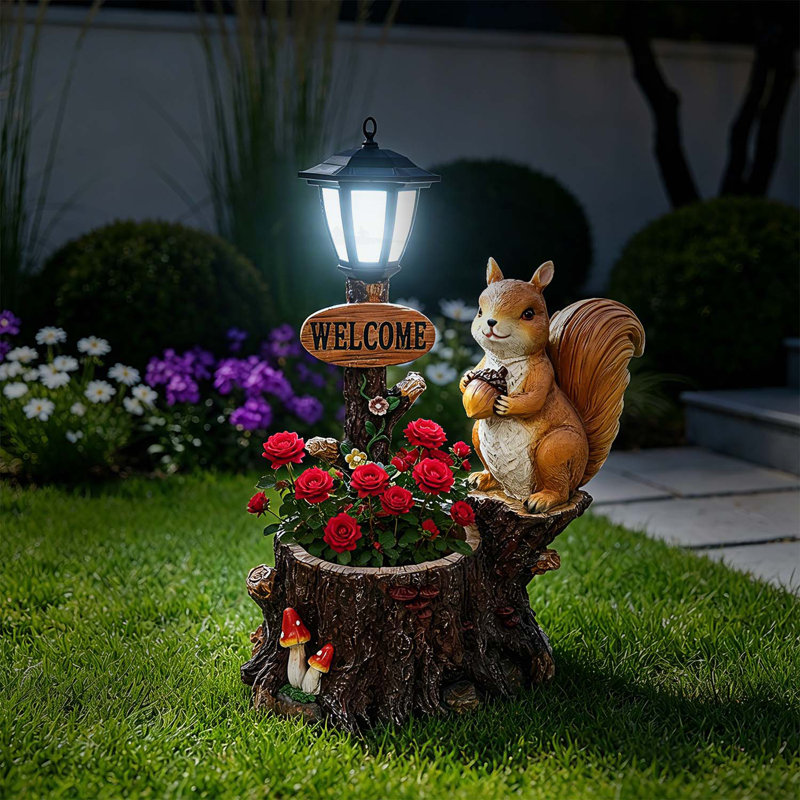 Mignon pot de fleurs écureuil avec lanterne décorative - figurine en polyrésine pour l'extérieur