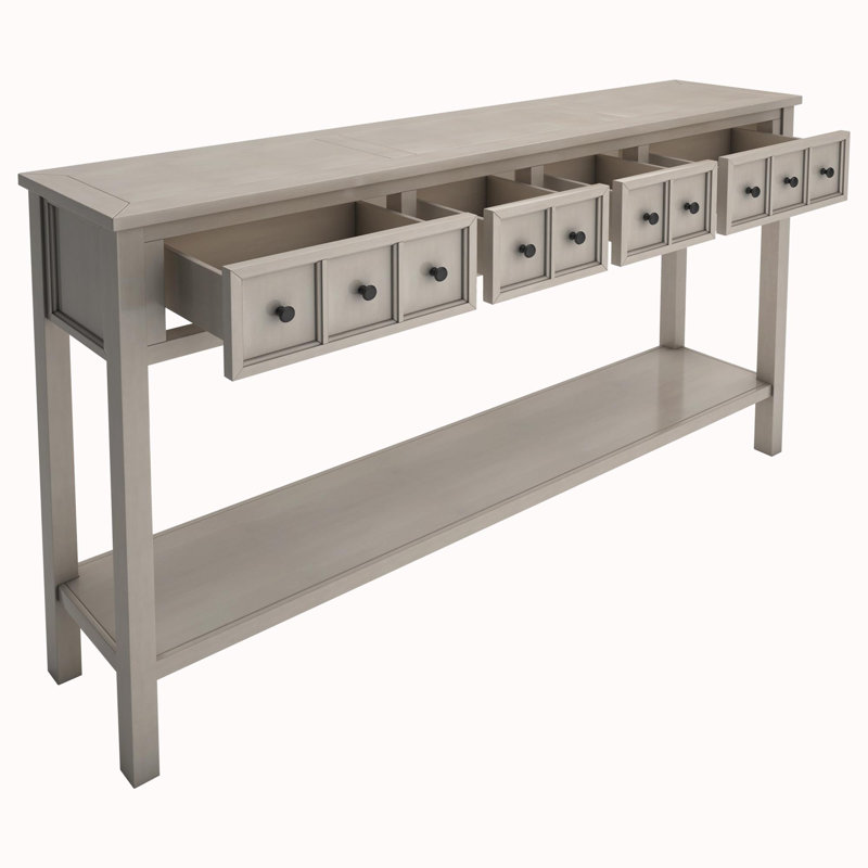 60" Long Sofa Table with two Different Size Drawers and Bottom Shelf for Storage, Gray Wash