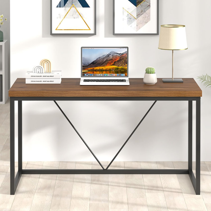 Modern Computer Desk, Rustic Wood And Metal Study Writing Table, Simple Work Gaming PC Desk For Home Office, Walnut 53 Inch