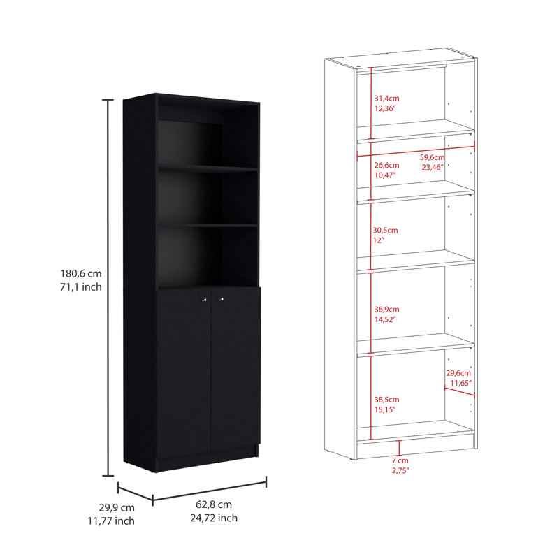Ensemble de bibliothèque 3 pièces, 74 po de largeur avec 11 tablettes et une armoire à deux portes, ensemble de salon, Noir