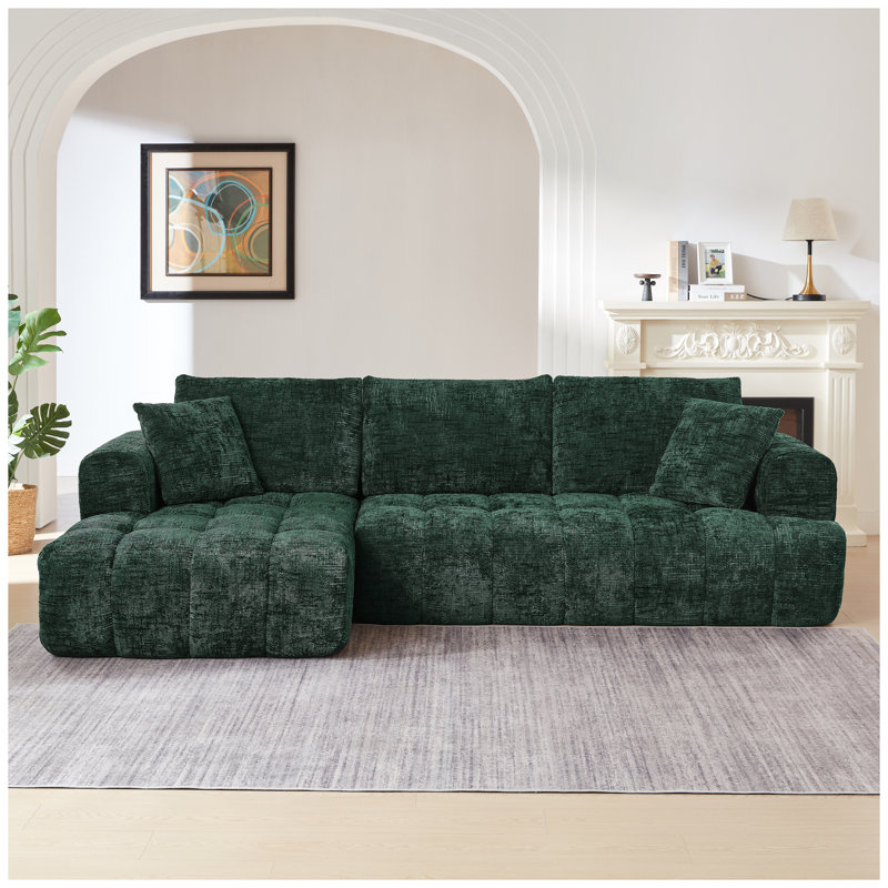 Canapé d'angle en chenille vert foncé avec capitonnage, canapé 4 places surdimensionné pour salon et appartement