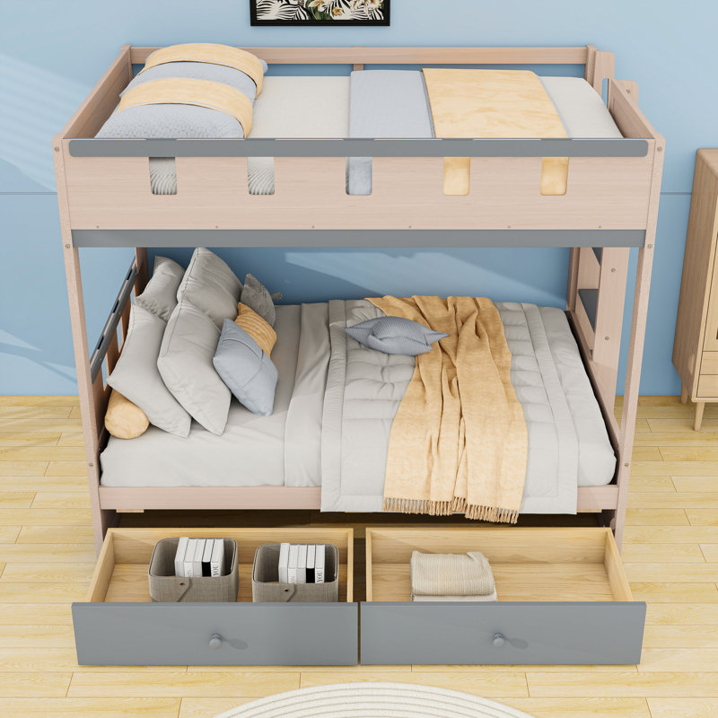 Lit superposé en bois 2 tiroirs avec garde-corps et tablettes intégrées, Gris, Double sur double
