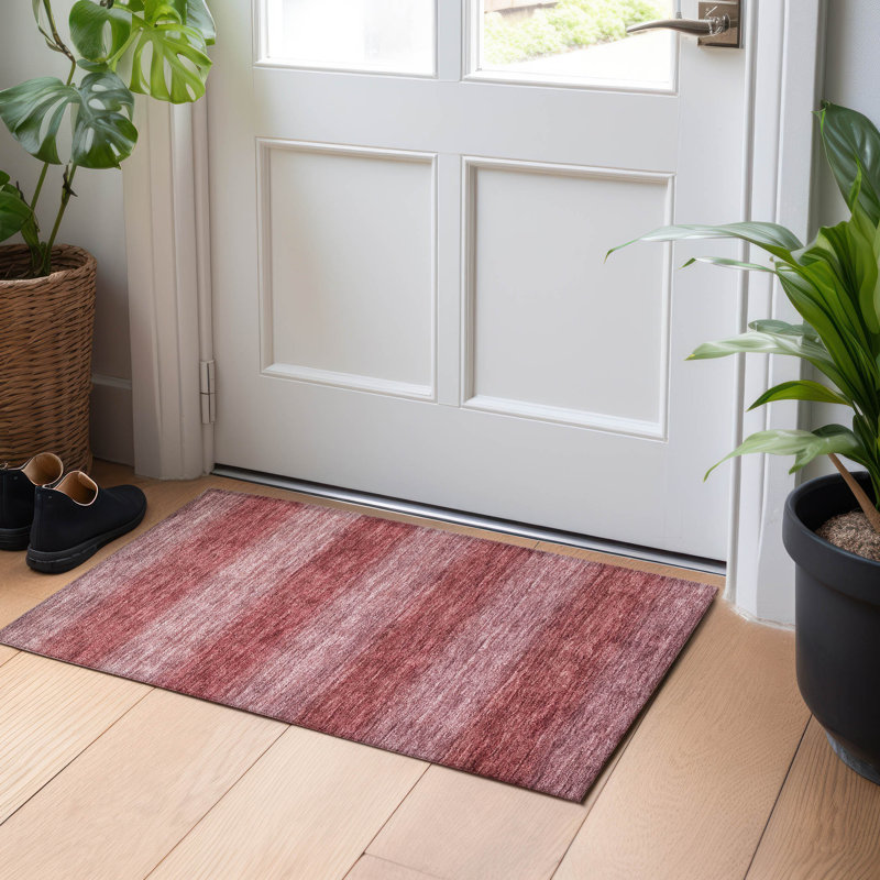 Paprika Red Synthetic Stripe Rectangular Washable Rug
