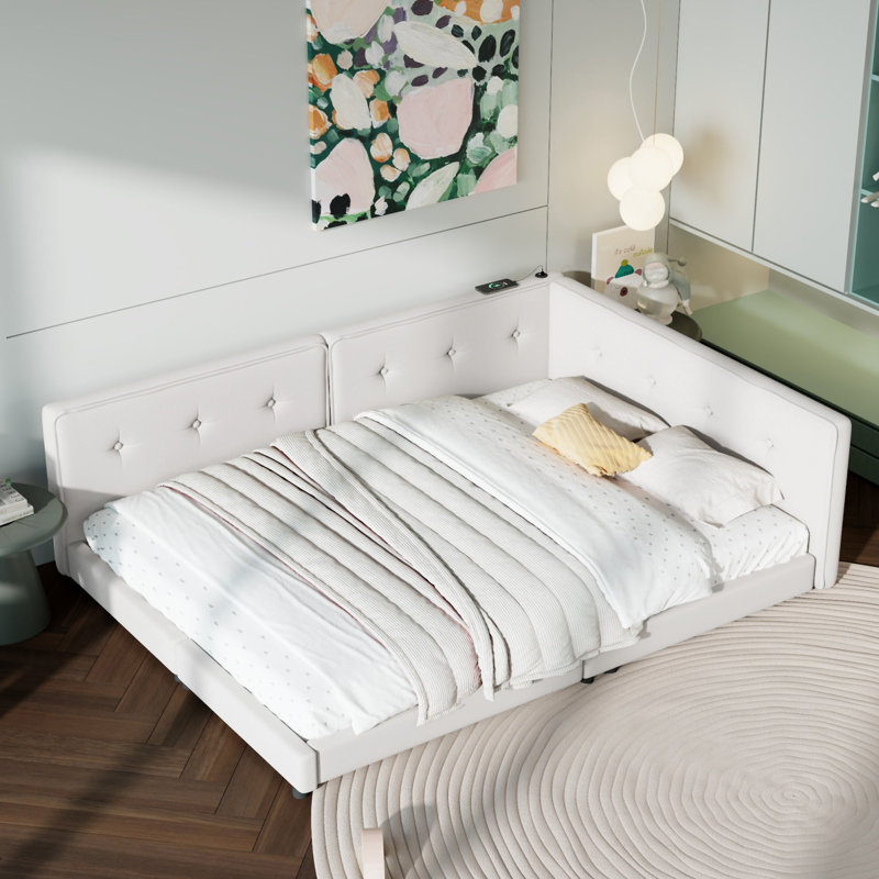 Lit plateforme tapissier avec ports USB, Beige, Lit double