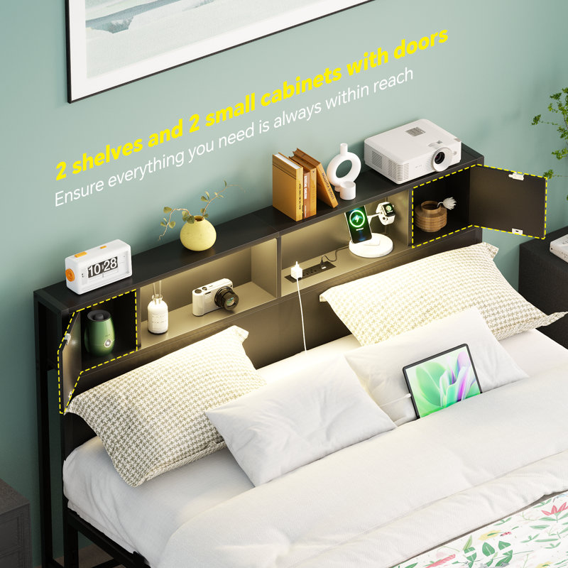 Metal Bed Frame With Headboard,2 Cabinets With Doors, LED Lights And USB Ports, Large Storage Space, Black, Full