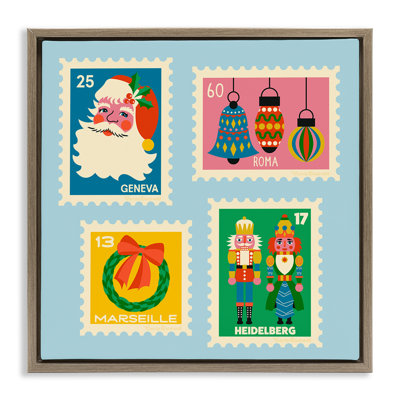 Cadre flottant rétro de Noël avec timbres-poste, design par Carrie Cantwell