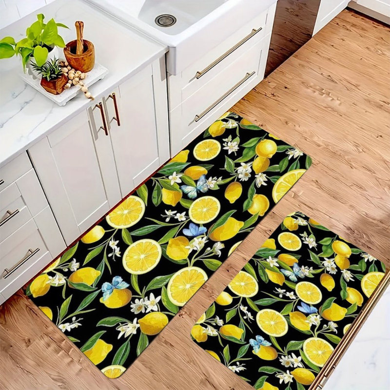 Black Lemon Butterfly Kitchen Mats, 2 Pack Boho Rugs For Kitchen & Entryway