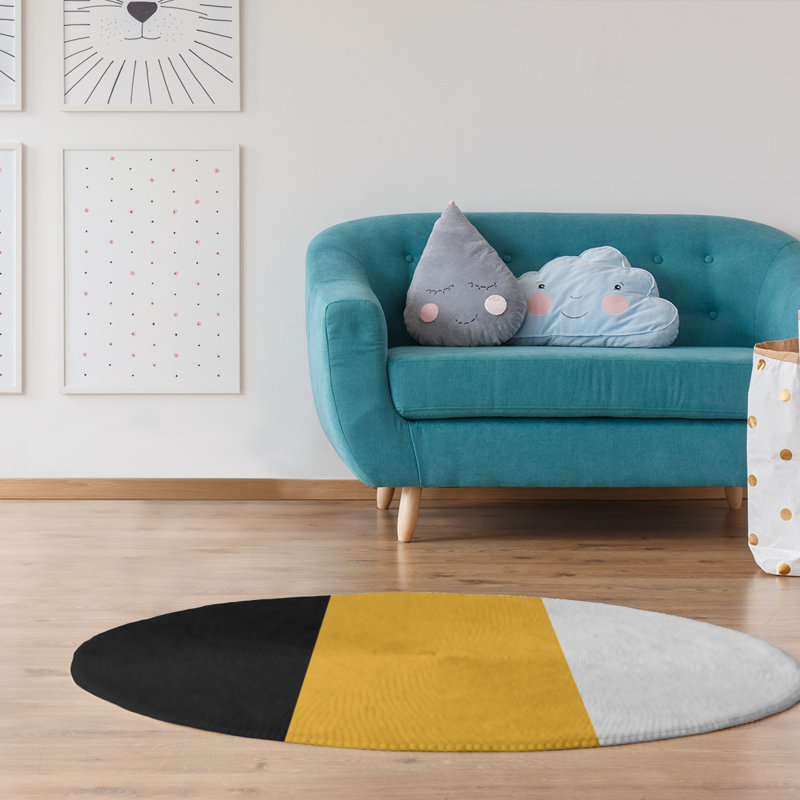Tapis noir/doré/zone blanche rayée Pittsburgh, Rond 5 pi