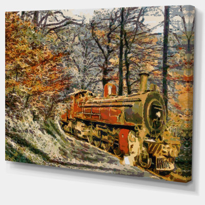 Train in Forest - Reproduction de paysage sur bois de pin naturel