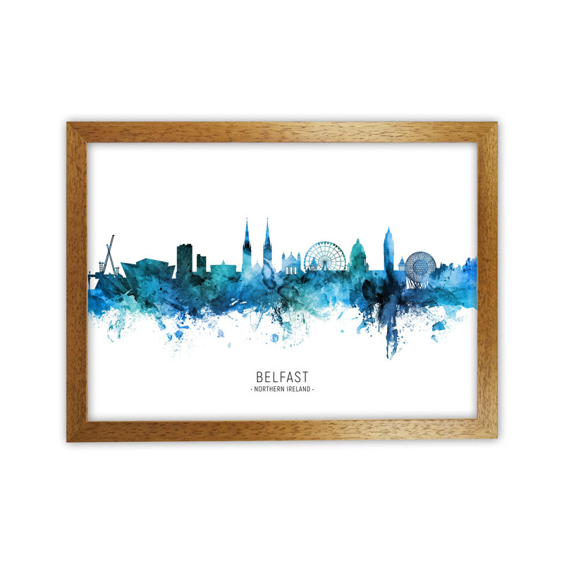 Belfast Northern Ireland Skyline Blue City Name by Michael Tompsett - Print, Oak Framed, 25cm H x 34cm W x 3cm D
