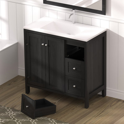 35.5" Bathroom Vanity, Black, Resin Basin, 3 Drawers, Soft Closing Slides, Splash, Plywood Frame, Quick Installation Material, Setup