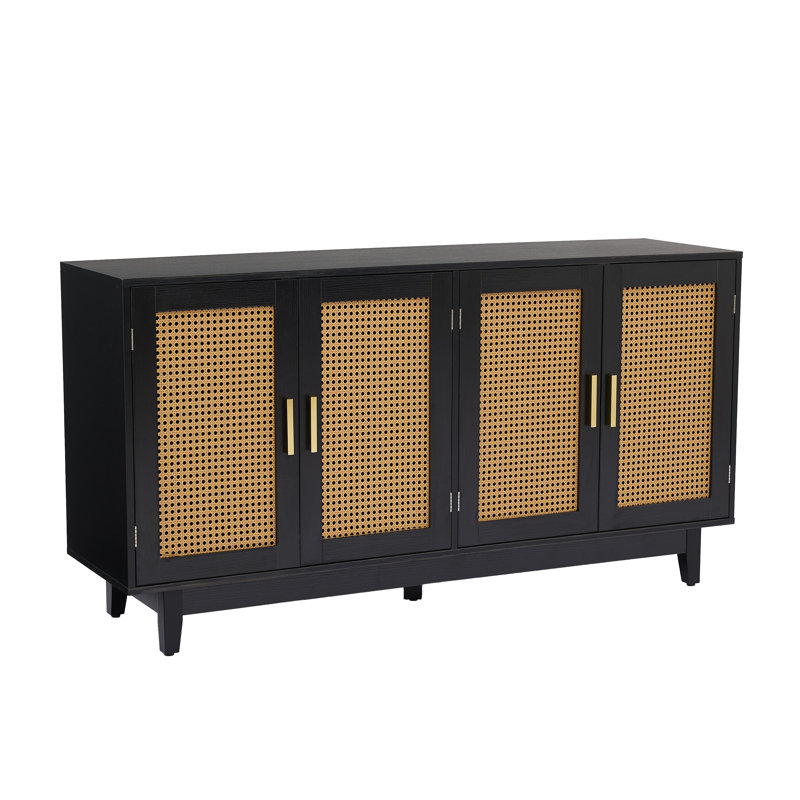 Buffet Youssouf à 4 portes en rotin de 57,9 po de largeur avec pieds solides, Noir, noir, noir, noir
