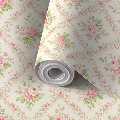 Papier peint adhésif vintage à motifs floraux, roses roses et volutes, couleur crème, amovible et imperméable, rouleau de papier peint décoratif pour chambre, salon et cuisine, 58 x 300 cm