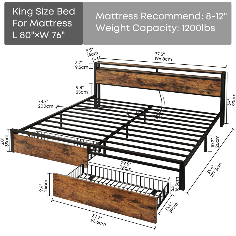 King Bed with 2 Underbed Drawers, Open Storage Headboard with Charging Station, No Box Spring Needed, King