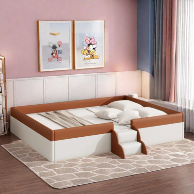 Fun Design Upholstered Keathan  Bed With Fence And Two-tier Stairs