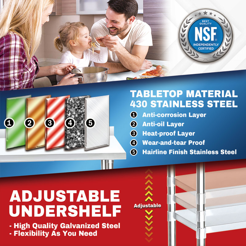 DuraSteel 30'' Stainless Steel Adjustable Work Table with Backsplash
