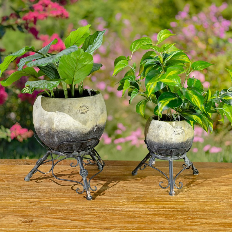 Ensemble de 2 pots à fleurs en céramique avec trépieds en métal, Noir