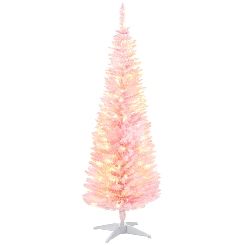 5' Tall Pre-Lit Slim Noble Fir Artificial Christmas Tree with 110 Warm White LED Lights and 294 Tips, for Christmas Decoration, Pink