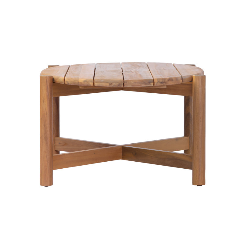 Table basse d'extérieur moderne en bois d'acacia avec plateau ovale à lattes et base en croix