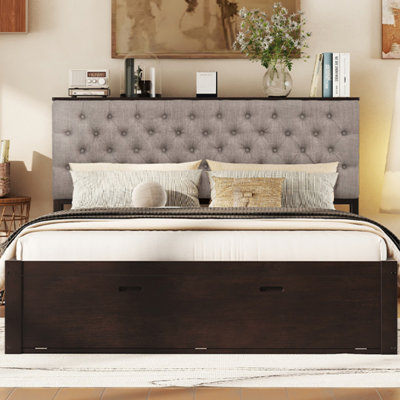Wood Queen Size Platform Bed With Storage Headboard, Shoe Rack And 4 Drawers Wood Queen Size Platform Bed With Storage Headboard, Shoe Rack And 4 Drawers