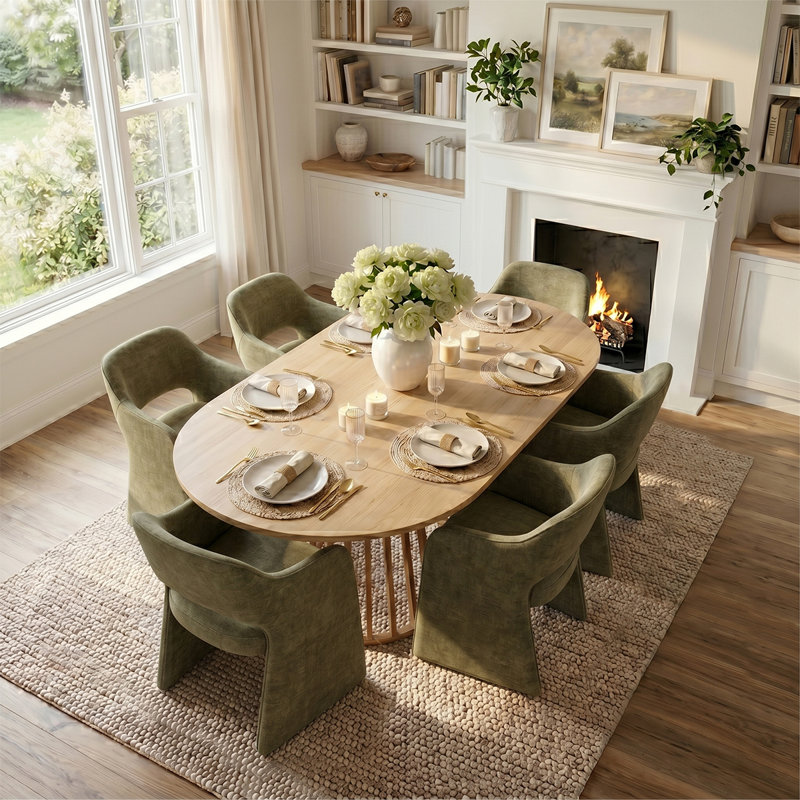 Ensemble de table de salle à manger pour 6 personnes avec table ovale extensible et 6 chaises rembourrées en tissu